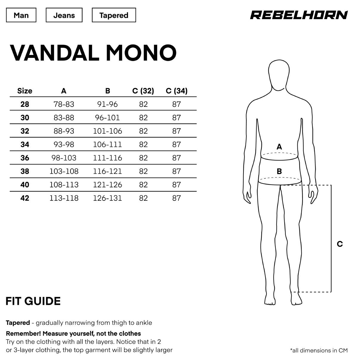 Gu&iacute;a de tallas de Pantalón vaquero Rebelhorn Vandal Mono Azul